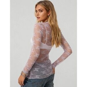 NWT Y2K Pink Sheer Floral Lace Top M Long Sleeve Mock Neck Festival Rave Fairy